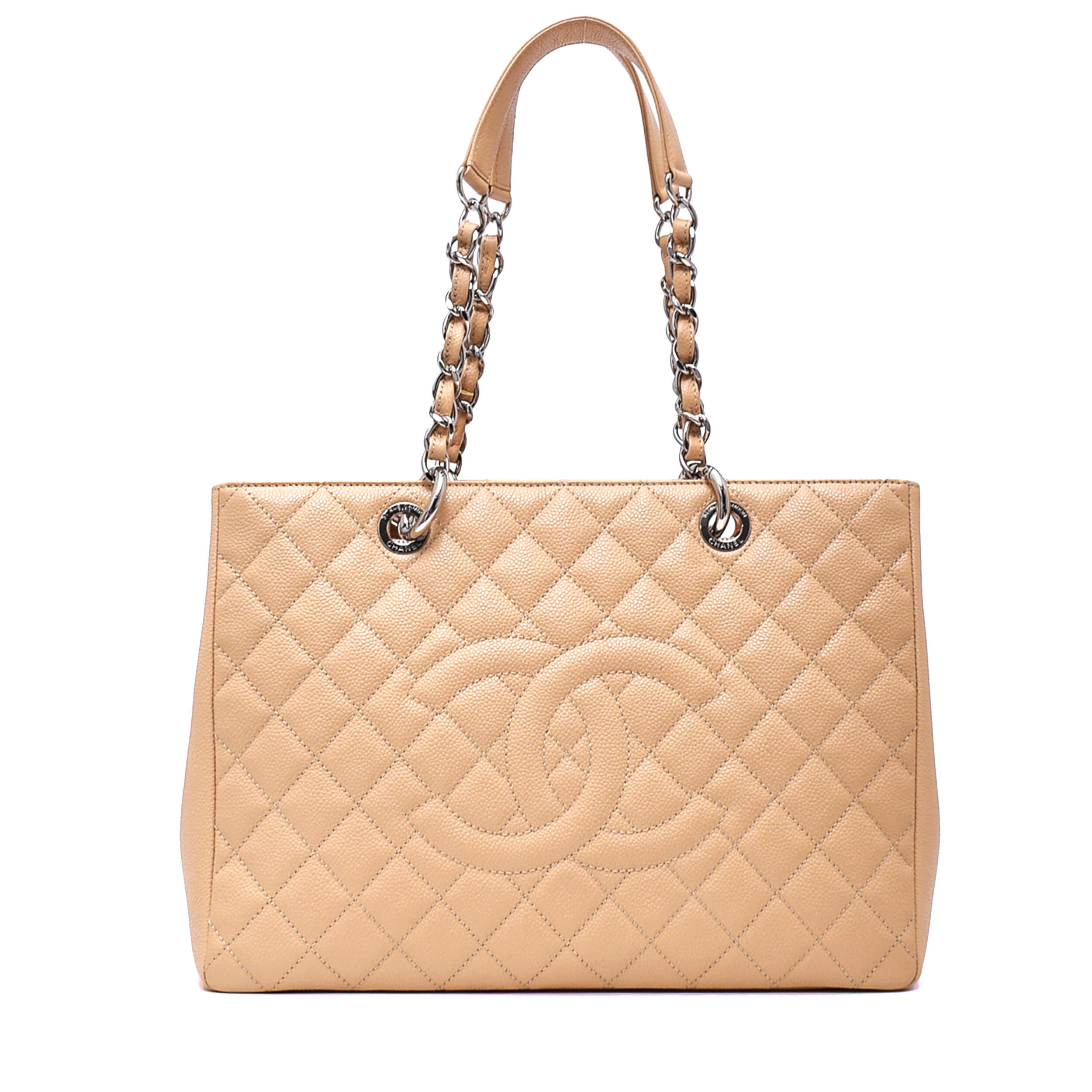 Chanel - Beige Quilted Caviar Leather Grande M GST Shopping Tote Bag